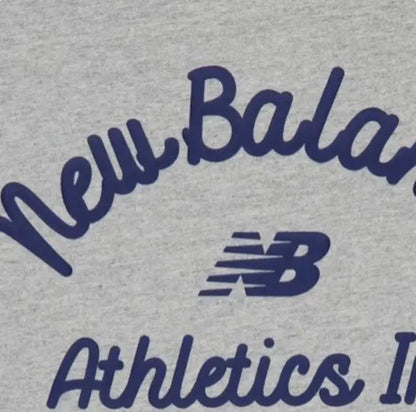 Grey athletic T-shirt with large navy script and New Balance logo