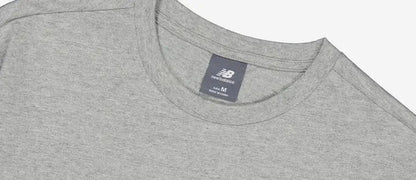 Grey crewneck athletic T-shirt with size tag at collar