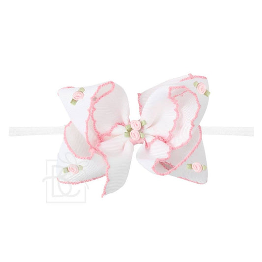 1/4" PANTYHOSE HDBD W/ FLOWER EMBELLISHED CROCHET EDGE BOW: White w/ Light Pink Crochet Edge / 3.5" Medium