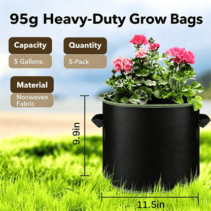 üå± 5-Pack 5 Gallon Grow Bags ‚Äì Heavy Duty Aeration Fabric Pots with Handles for Vegetables, Flowers & Fruits ü™¥