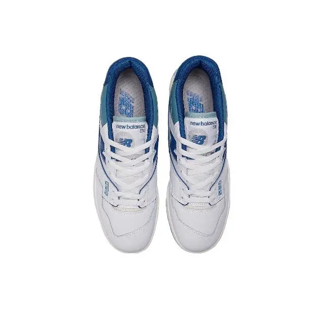 Low-top sneaker pair, white uppers with blue trim and lace-up closure, New Balance logo