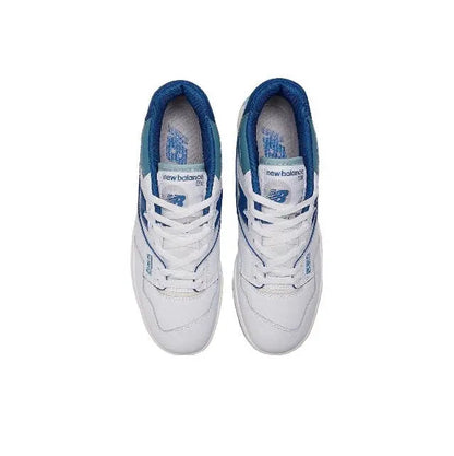 Low-top sneaker pair, white uppers with blue trim and lace-up closure, New Balance logo