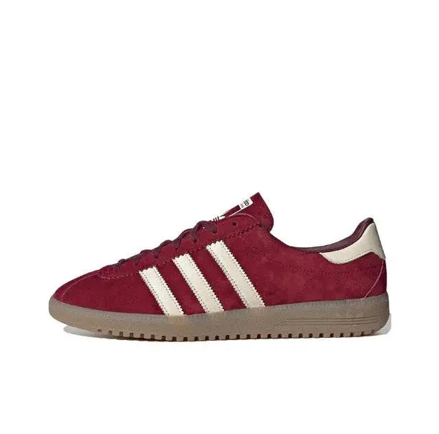 Adidas Bermuda sneaker, maroon suede with three white side stripes and gum sole.
