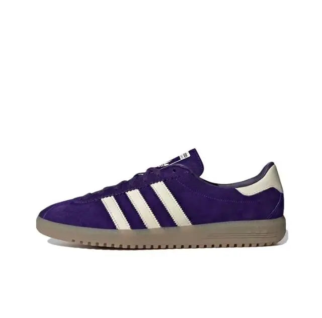 Purple suede Adidas Bermuda low-top sneaker with three white stripes and gum sole