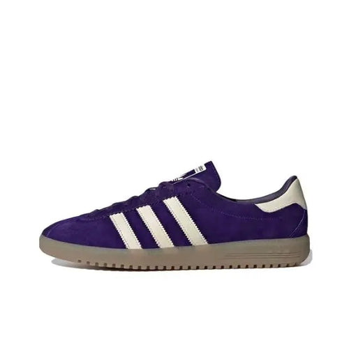 Purple suede Adidas Bermuda low-top sneaker with three white stripes and gum sole