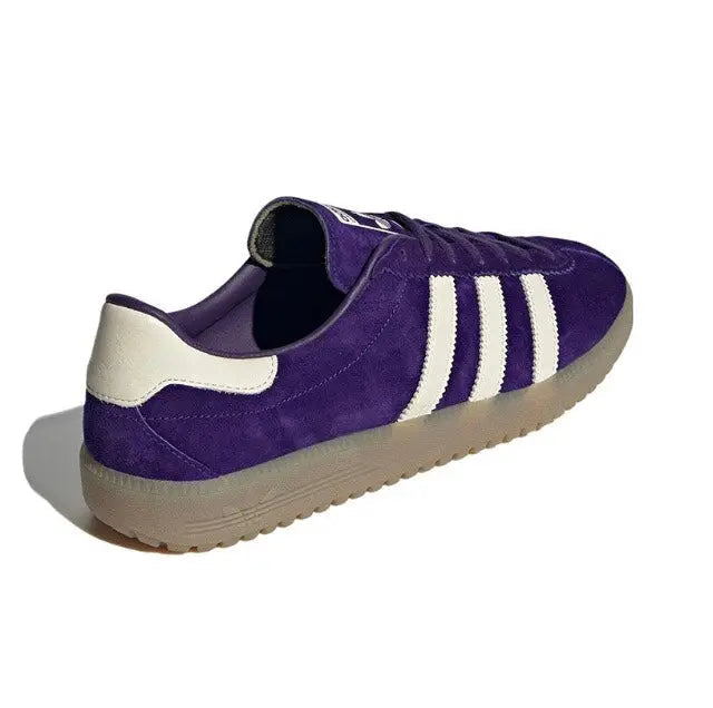 Purple suede Adidas Bermuda sneaker side view with white triple stripes and tan sole