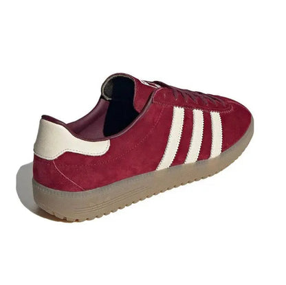 Adidas Bermuda sneaker back view, maroon suede with white side stripes and gum sole.