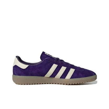 Purple Adidas Bermuda low-top sneaker with lace-up closure and white stripe panels