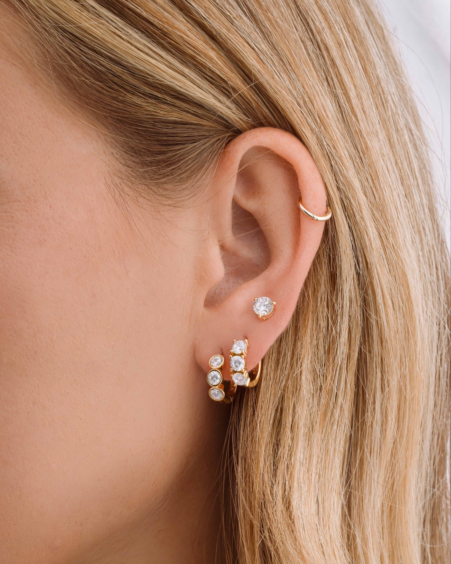 Bezel 3 Stone Huggie Hoop Earrings