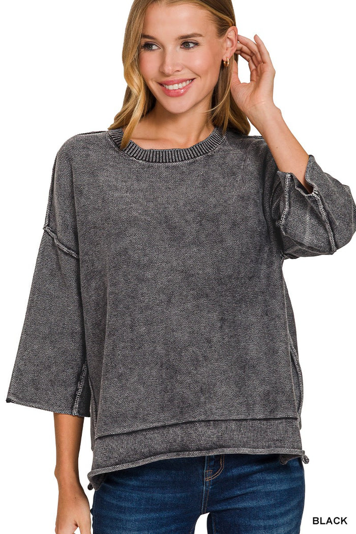 Dark heather-gray cotton 3/4 sleeve crewneck sweater with ribbed cuffs and hem
