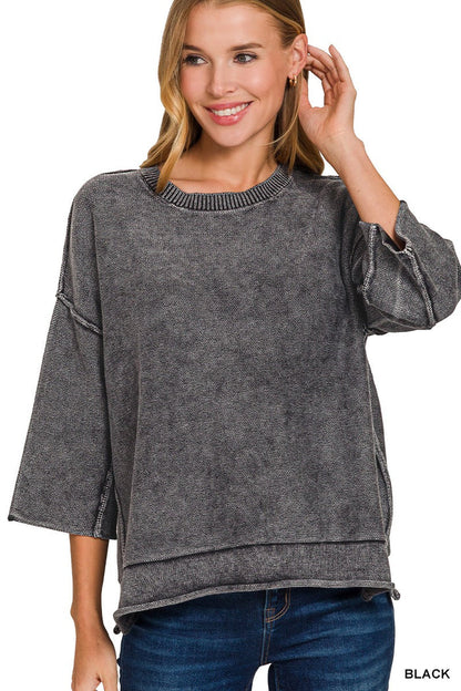 Dark heather-gray cotton 3/4 sleeve crewneck sweater with ribbed cuffs and hem