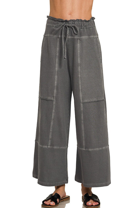 Mineral-washed cotton seamed sweatpants with drawstring waist, wide straight legs, dark gray