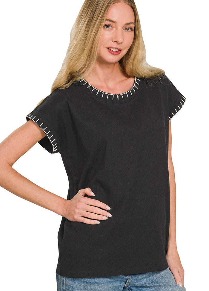 Black cotton t-shirt with whipstitched neckline and sleeve hems, short-sleeve crew fit