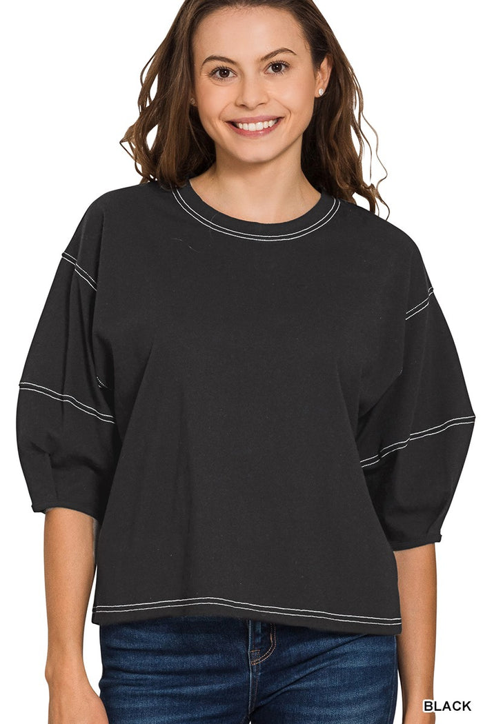 Black crew neck cotton T-shirt with loose 3/4 balloon sleeves and contrast stitching