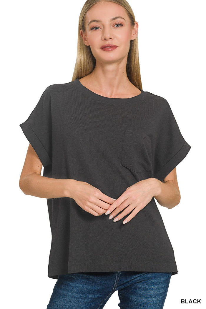 Women's black cotton crew neck pocket t-shirt with short sleeves