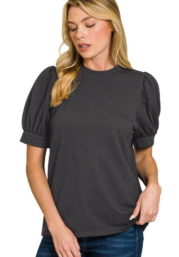 Black ribbed knit crew-neck T-shirt with puff sleeves