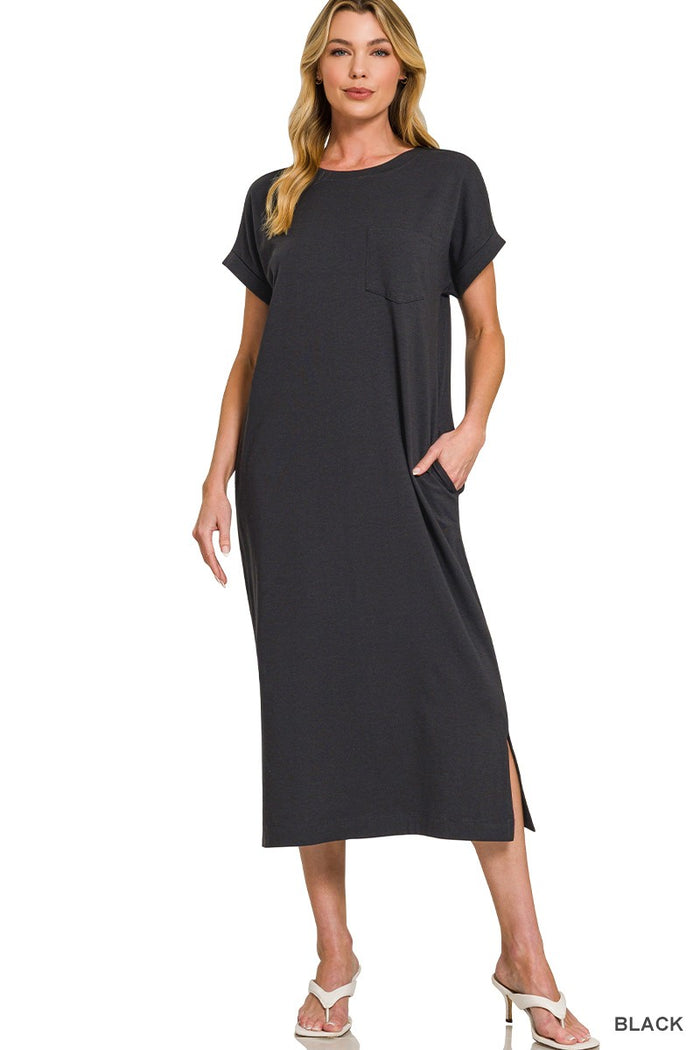 Black short-sleeve knit midi dress, crew neck with side slit