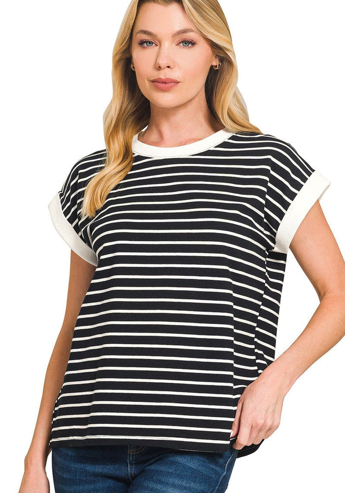Black striped cap-sleeve T-shirt with crew neck, short sleeves and white horizontal bands