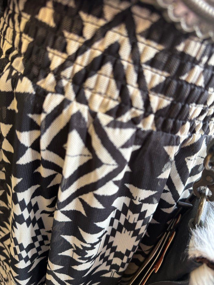 Black and white aztec maxi skirt with gathered elastic waist, front detail