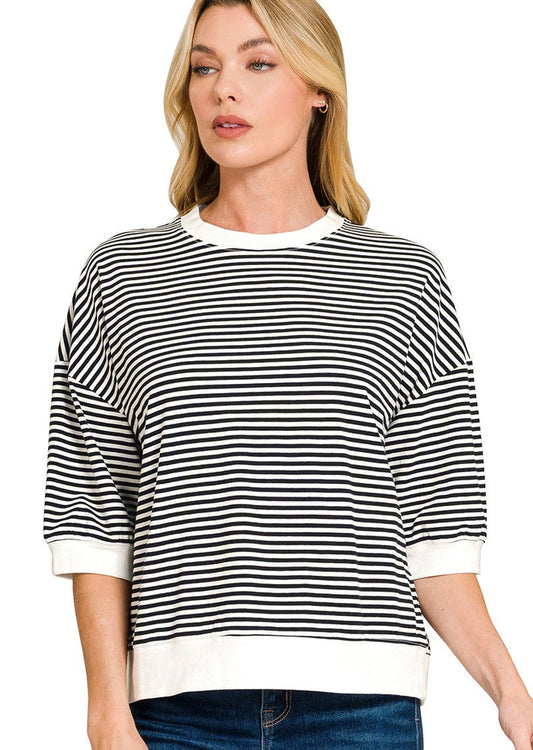 Black-and-white striped 3/4 sleeve T-shirt with crew neck and white cuffs