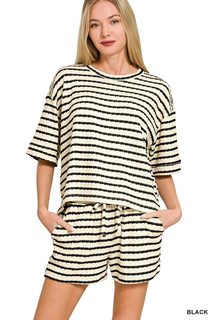 Black and white striped knit shorts set with crewneck tee and pull-on shorts