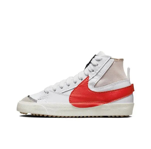 High-top sneakers with white upper, beige collar, red Nike swoosh, lace-up design