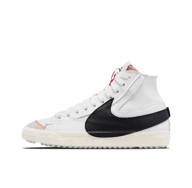 White/black high-top Nike Blazer sneaker, lace-up with black side swoosh