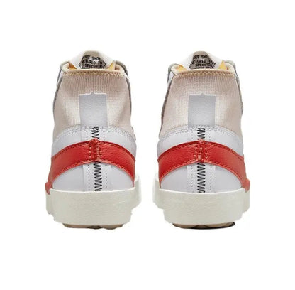 High-top sneakers heel view with white leather, beige lining, red band across heel