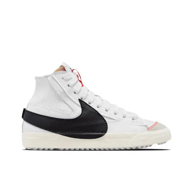 White and black Nike Blazer high-top sneaker, lace-up with black swoosh