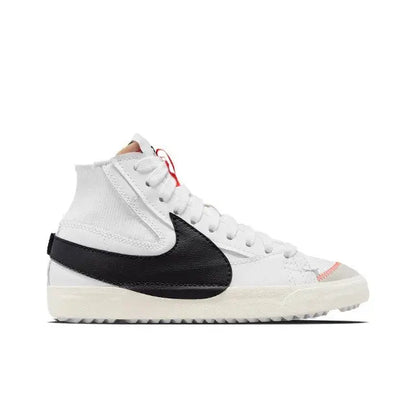 White and black Nike Blazer high-top sneaker, lace-up with black swoosh