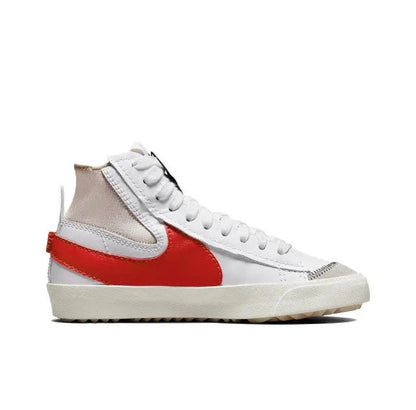 Single high-top sneaker with white leather, beige collar, red Nike swoosh, gum outsole