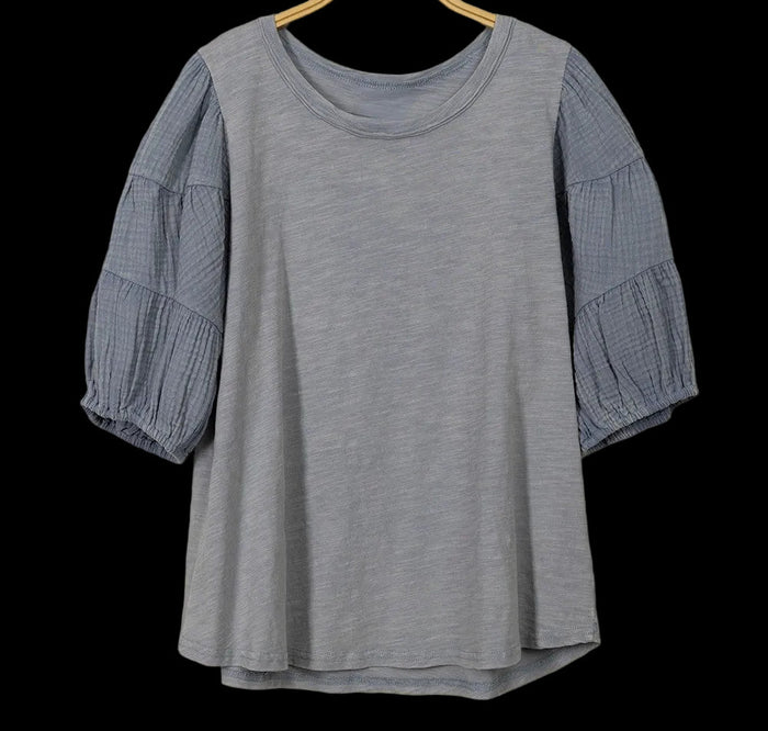 Mineral-washed gray cotton crew neck puff sleeve T-shirt with gathered sleeves