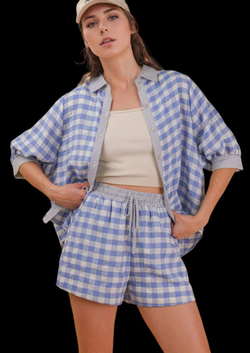 Blue gingham shirt and matching shorts set, short-sleeve button-up with elastic-waist shorts