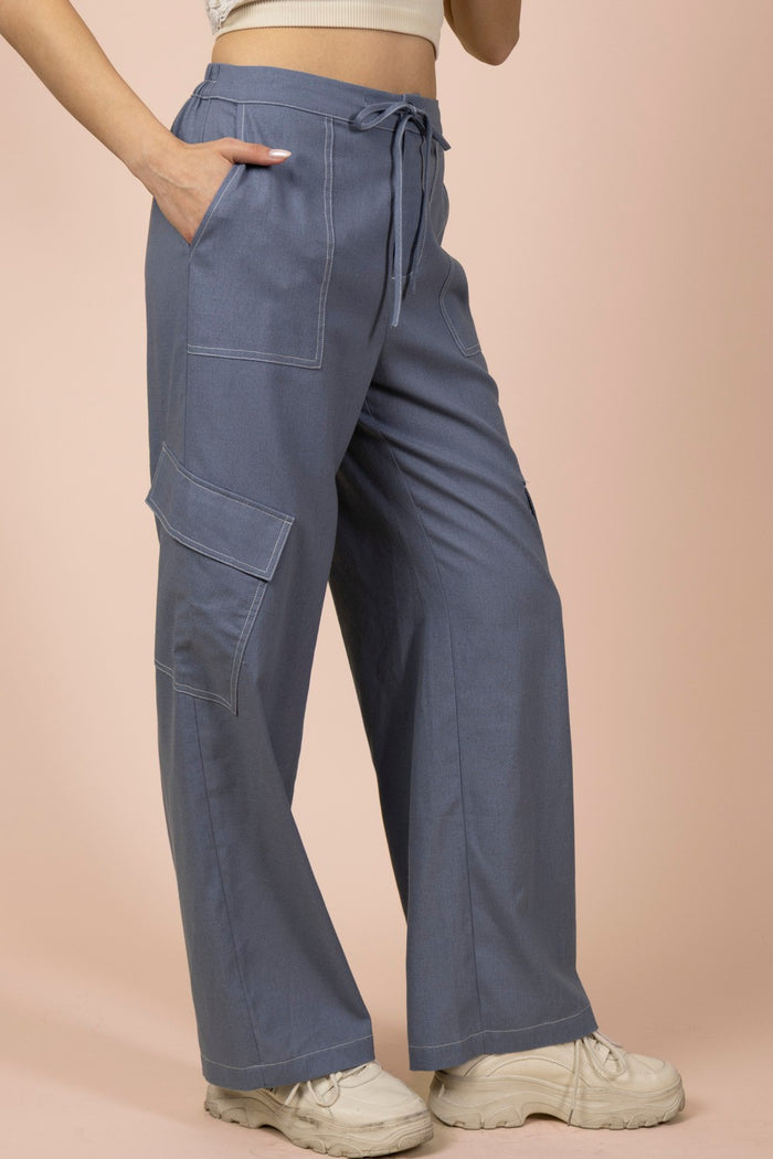 Blue linen-cotton cargo pants with drawstring waist and front cargo pockets