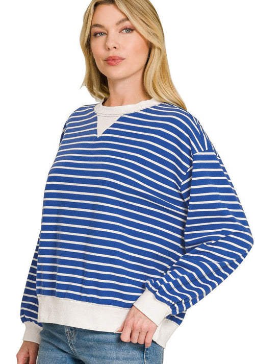 Blue-and-white striped lightweight sweatshirt with crew neck and ribbed cuffs