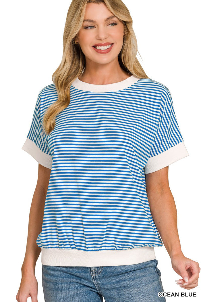 Blue-and-white striped ringer T-shirt with cream contrast collar and cuffs