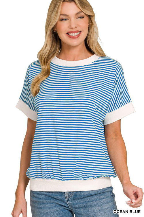 Blue-and-white striped ringer T-shirt with cream contrast collar and cuffs
