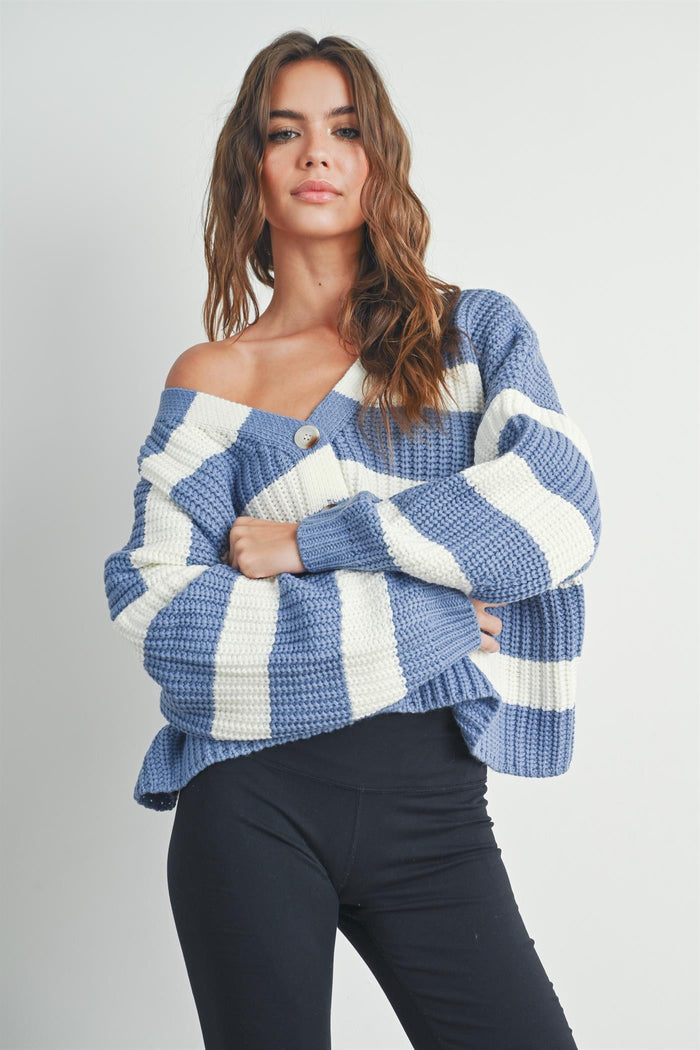 Blue and white striped shaker-knit cardigan with button front and long sleeves