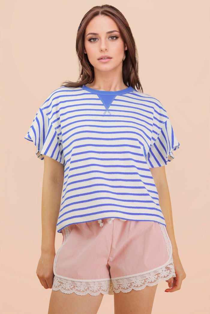 Blue and white striped ruffle sleeve T-shirt with crew neck