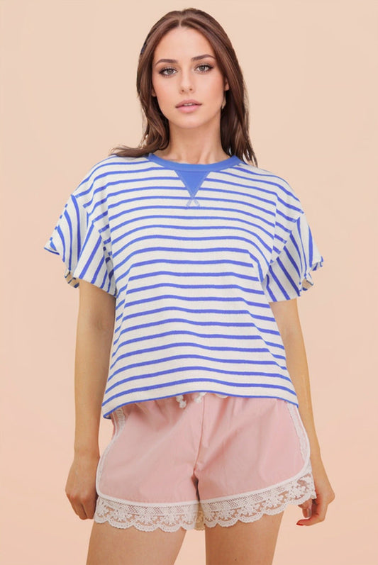 Blue and white striped ruffle sleeve T-shirt with crew neck