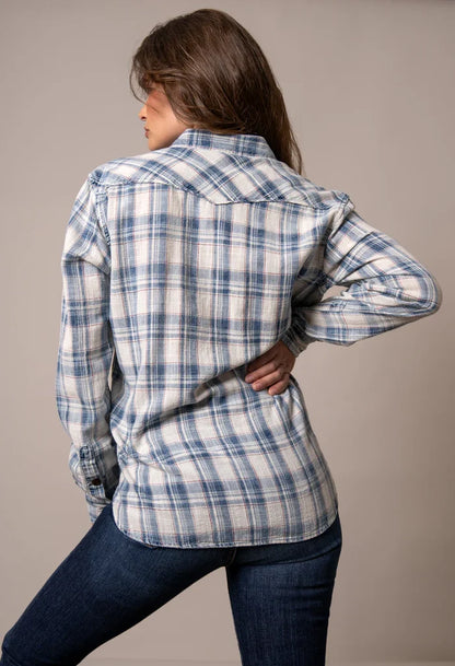 Washed blue-and-white plaid button-up shirt, back view with yoke and buttons