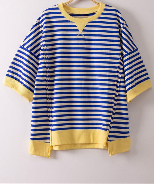 Oversized striped T-shirt in blue with yellow trim and cuffed sleeves