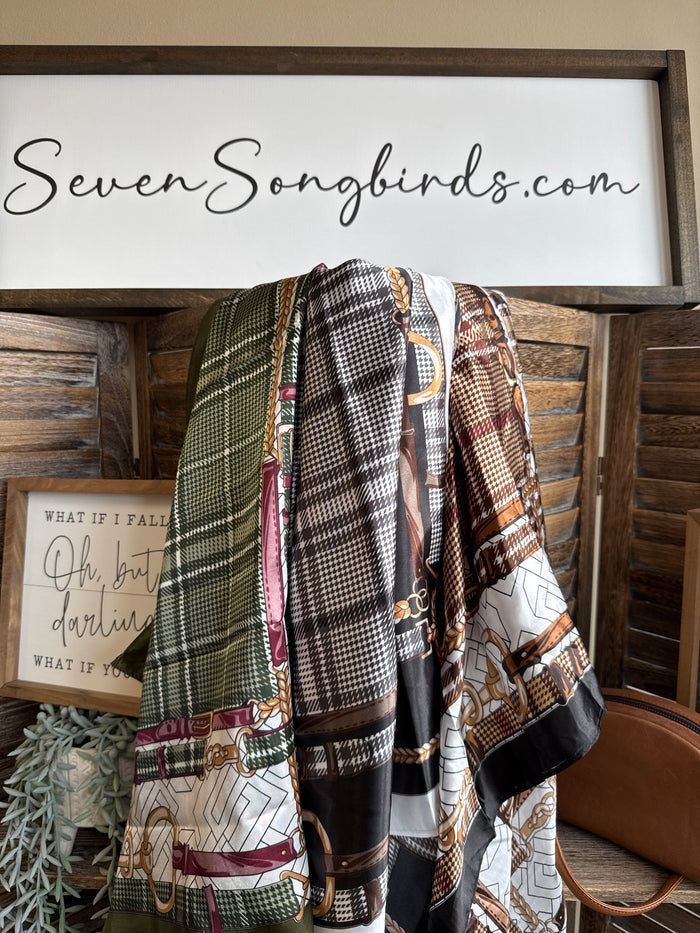 Bridle herringbone wild rag scarf with green, black, brown, and cream plaid-like pattern