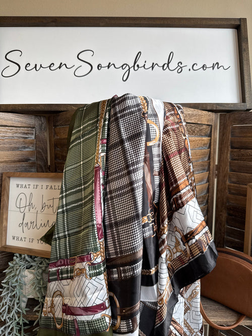 Bridle herringbone wild rag scarf with green, black, brown, and cream plaid-like pattern