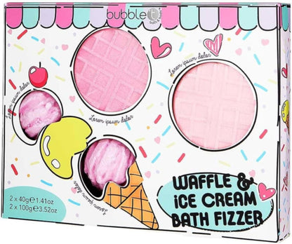 bubble t waffle & ice cream bath bomb gift set, colourful bath fizzers in waffle and ice cream shapes, fun and playful packaging, perfect for gifting