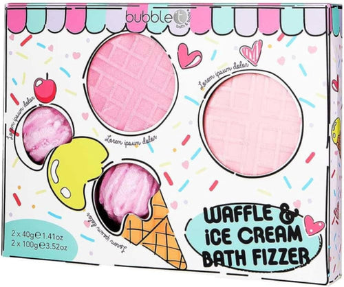 bubble t waffle & ice cream bath bomb gift set, colourful bath fizzers in waffle and ice cream shapes, fun and playful packaging, perfect for gifting