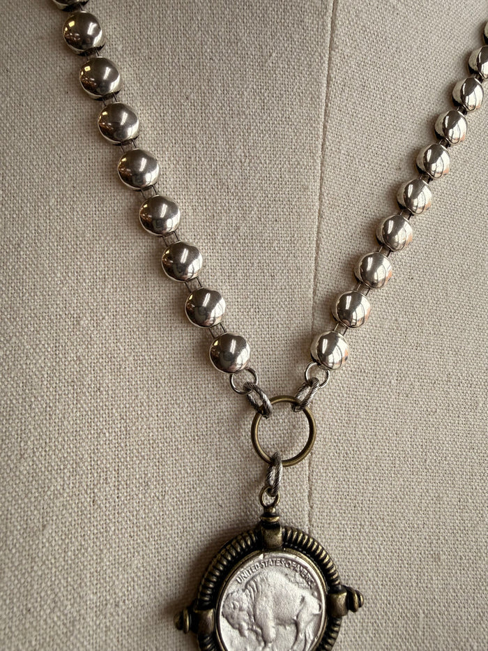 Brass coin disc necklace with linked bead chain and round coin medallion pendant