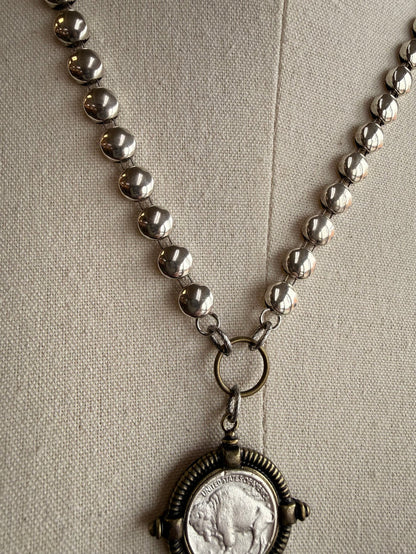 Brass coin disc necklace with linked bead chain and round coin medallion pendant
