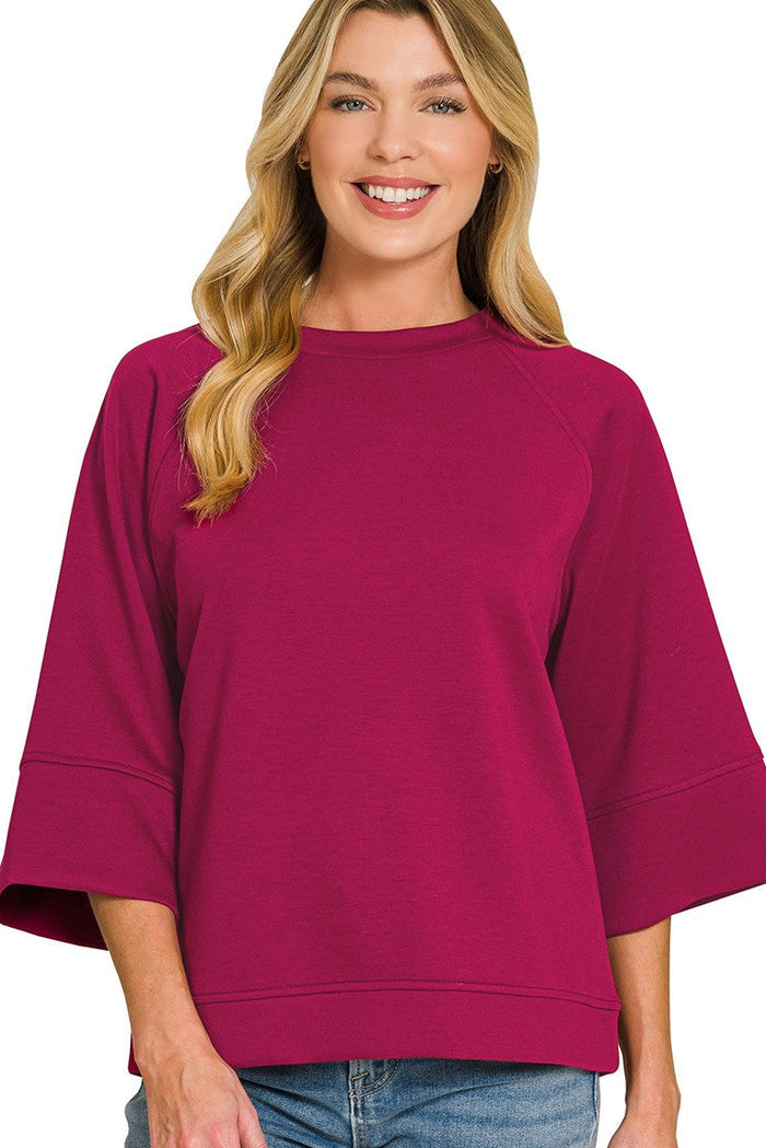 Burgundy 3/4 sleeve T-shirt with relaxed fit and crew neckline