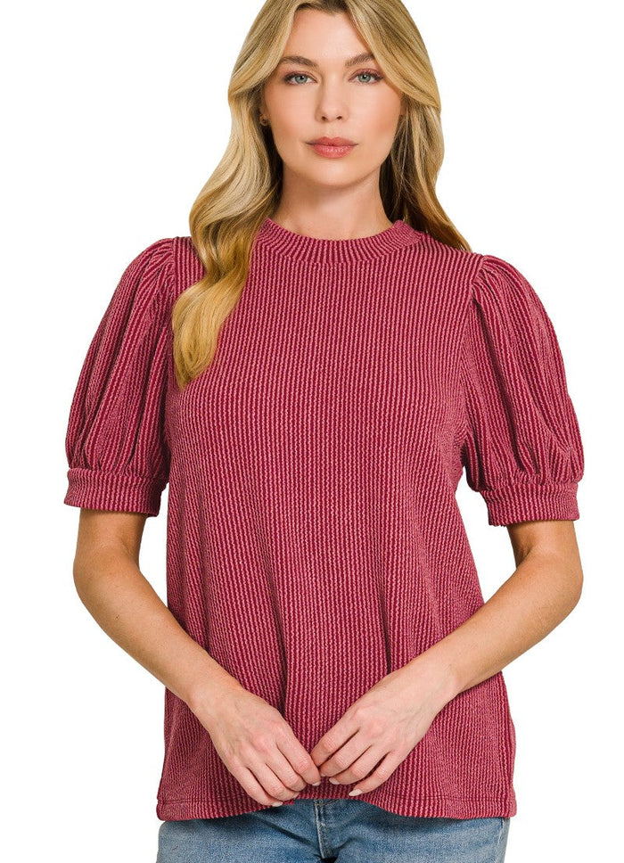 Burgundy ribbed puff-sleeve T-shirt with short sleeves and crew neckline